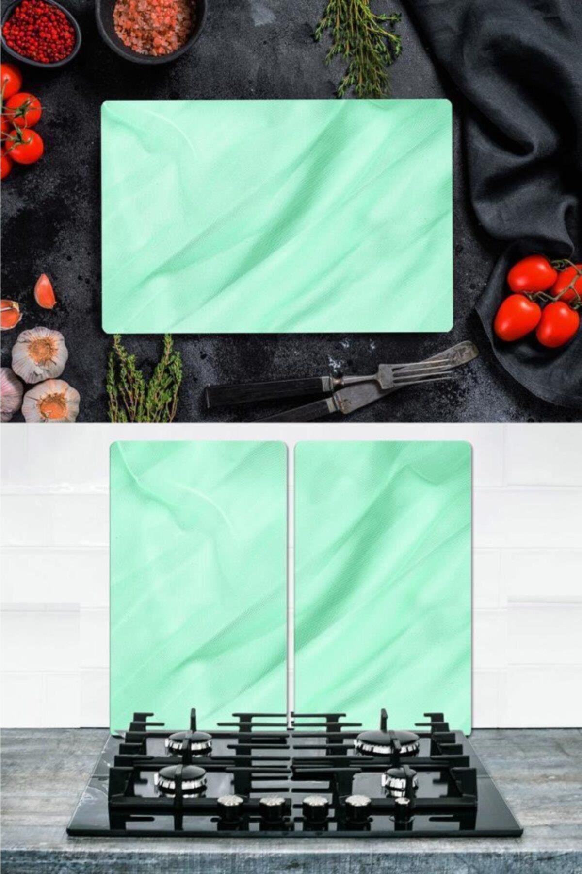 Takım Halinde Su Yeşili  20x30 cm Kesme Tablası ve 2'li 30x52 cm Cam Ocak Koruyucu 4'lü Ocaklar
