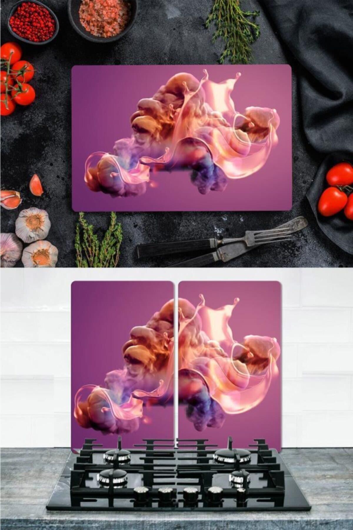 Takım Halinde Mor Tablo 20x30 cm Kesme Tablası ve 2'li 30x52 cm Cam Ocak Koruyucu 4'lü Ocaklar
