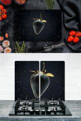 Takım Halinde Altın Çilek 20x30 cm Kesme Tablası ve 2'li 30x52 cm Cam Ocak Koruyucu 4'lü Ocaklar
