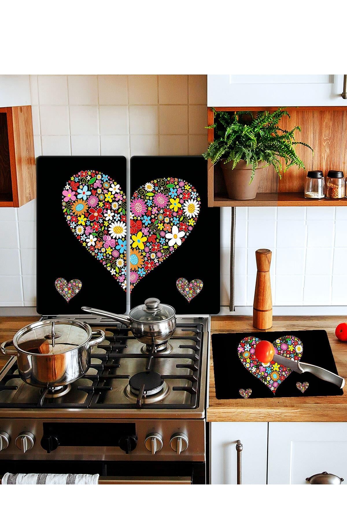 Takım Halinde Siyah Kalp 20x30 Cm Kesme Tablası Ve 2'li 30x52 cm Cam Ocak Koruyucu 4'lü Ocaklar