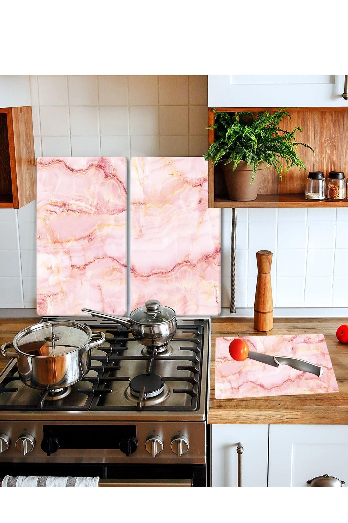 Takım Halinde Pembe Mermer 20x30 Cm Kesme Tablası Ve 2'li 30x52 cm Cam Ocak Koruyucu 4'lü Ocaklar