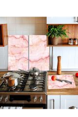 Takım Halinde Pembe Mermer 20x30 Cm Kesme Tablası Ve 2'li 30x52 cm Cam Ocak Koruyucu 4'lü Ocaklar