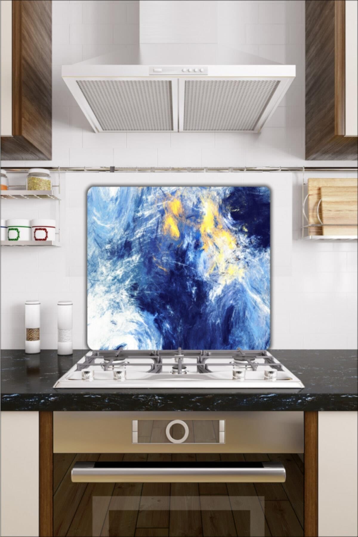 50X56 cm Cam Ocak Koruyucu Mavi Alacalı