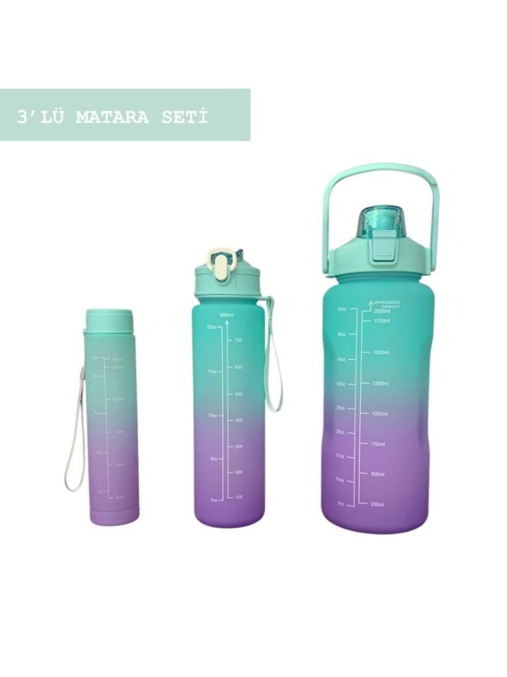 Yeşil, 3’lü Set - Sticker’lı Pipetli Matara Seti - 2000ml,900ml,300ml