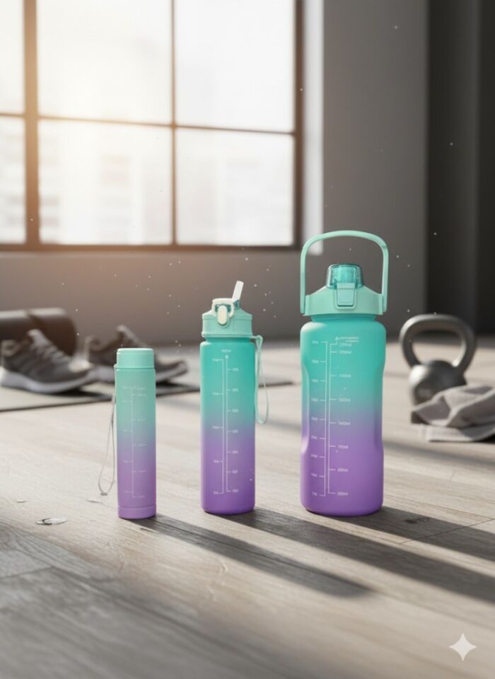 Yeşil, 3’lü Set - Sticker’lı Pipetli Matara Seti - 2000ml,900ml,300ml