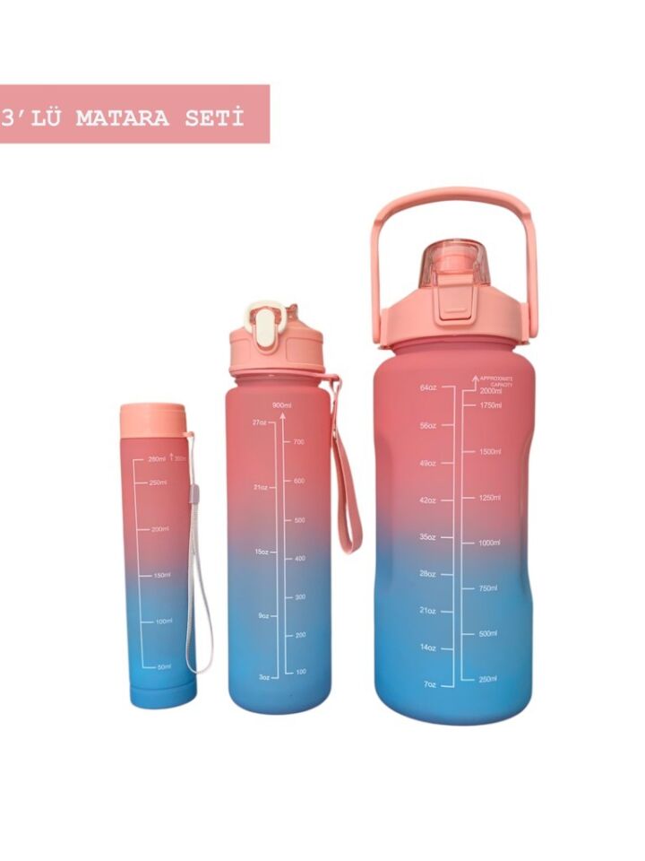 Pembe, 3’lü Set - Sticker’lı Pipetli Matara Seti - 2000ml,900ml,300ml