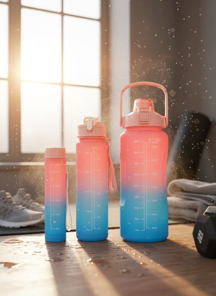 Pembe, 3’lü Set - Sticker’lı Pipetli Matara Seti - 2000ml,900ml,300ml