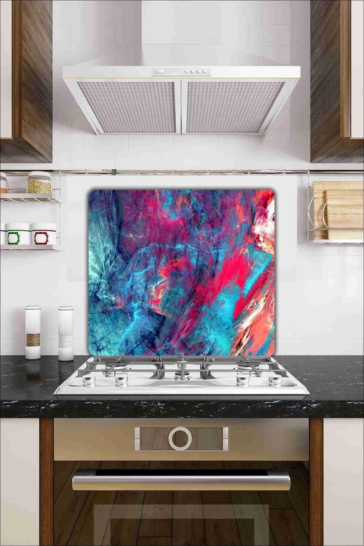 50X56 cm Cam Ocak Koruyucu Kırmızı Mavi Alacalı