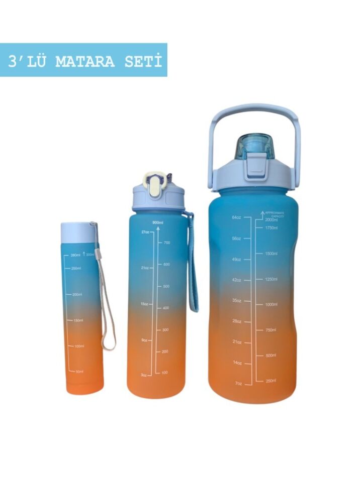Mavi, 3’lü Set - Sticker’lı Pipetli Matara Seti - 2000ml,900ml,300ml