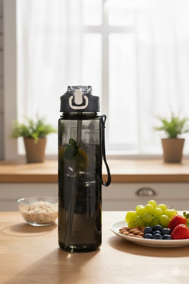 Siyah, Şeffaf Pipetli Matara – 900 ml, Sızdırmaz Kapaklı Suluk