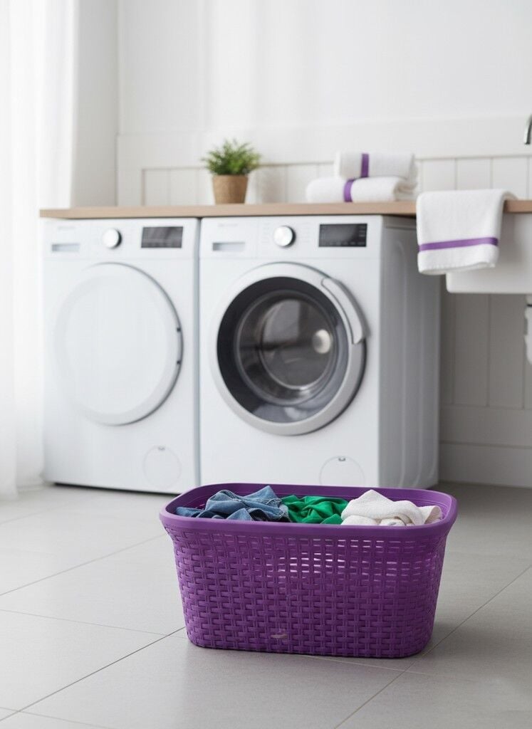 Mor, Hasır Desenli Plastik Çamaşır Selesi - 25x35x53cm