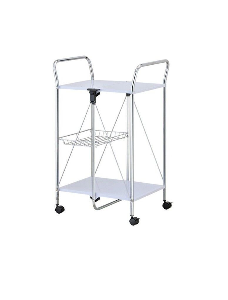 Beyaz, Katlanabilir Tekerlekli Metal Raflı Servis Arabası