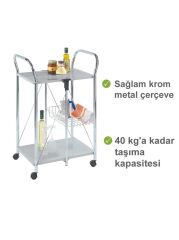 Beyaz, Katlanabilir Tekerlekli Metal Raflı Servis Arabası