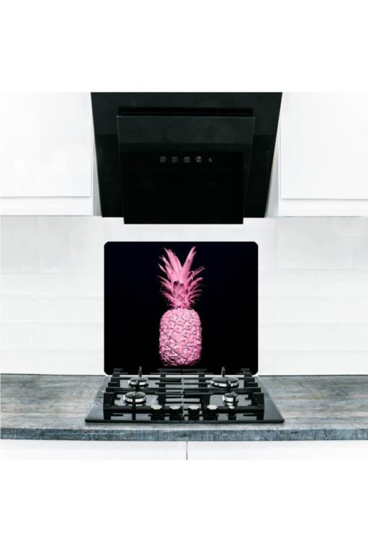 50X56 cm Cam Ocak Koruyucu Siyah Ananas Cam