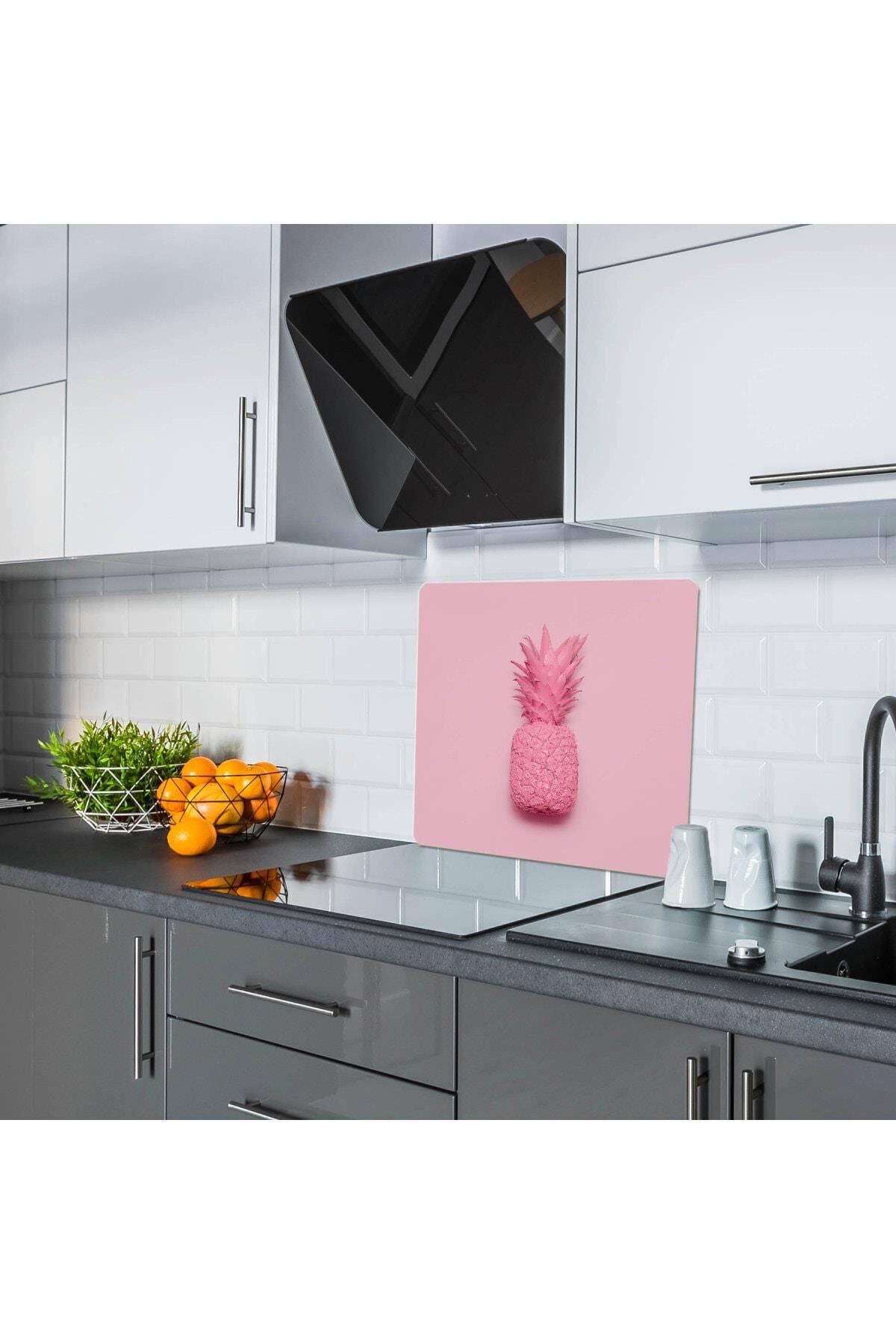 50X56 cm Cam Ocak Koruyucu Pembe Ananas Cam
