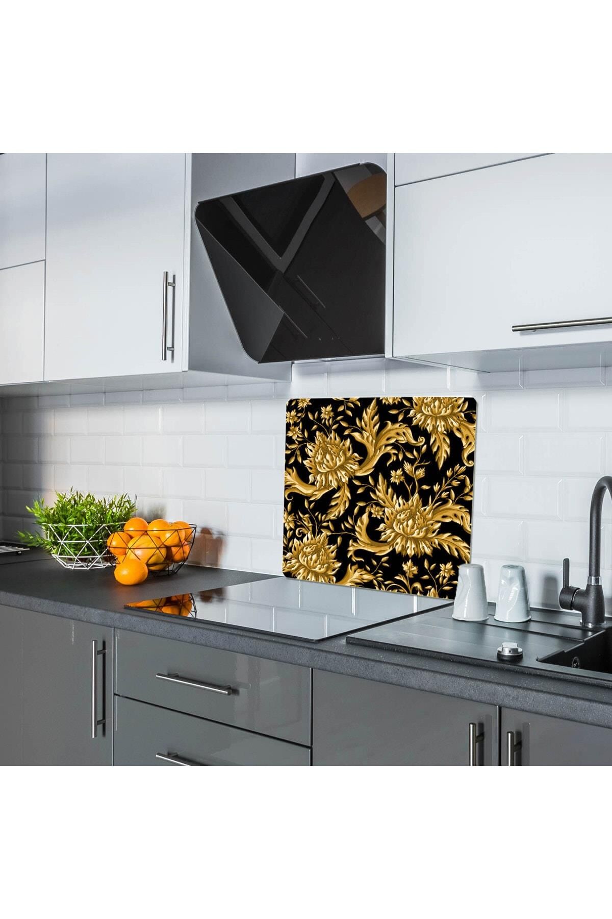 50X56 cm Cam Ocak Koruyucu Altın Varak Cam