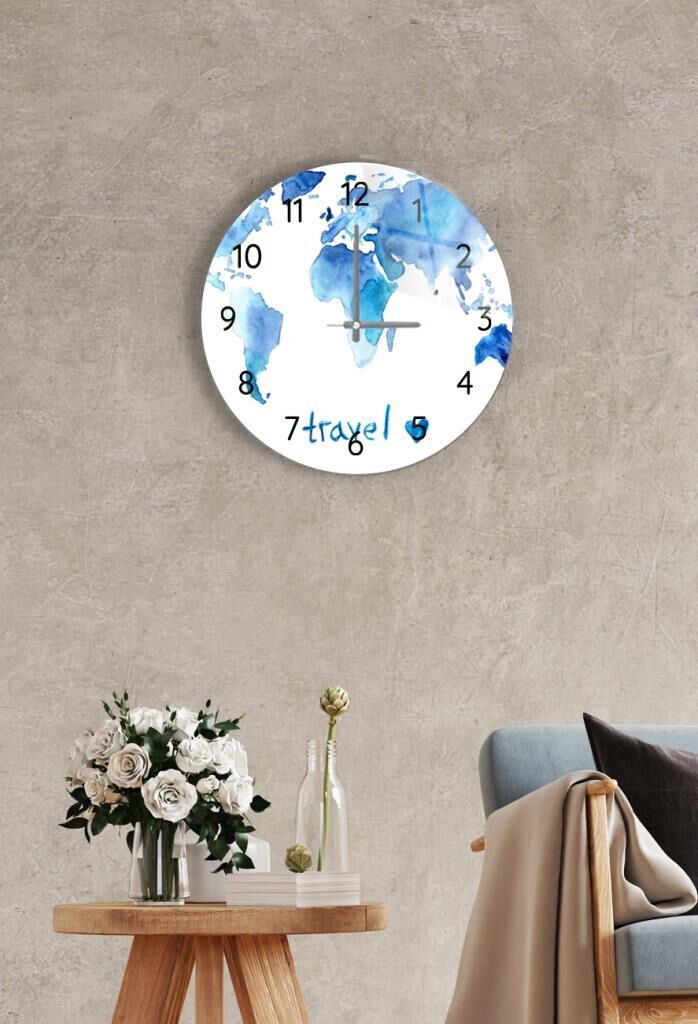 Çap 37 cm Blue Travel Dekoratif Cam Duvar Saati