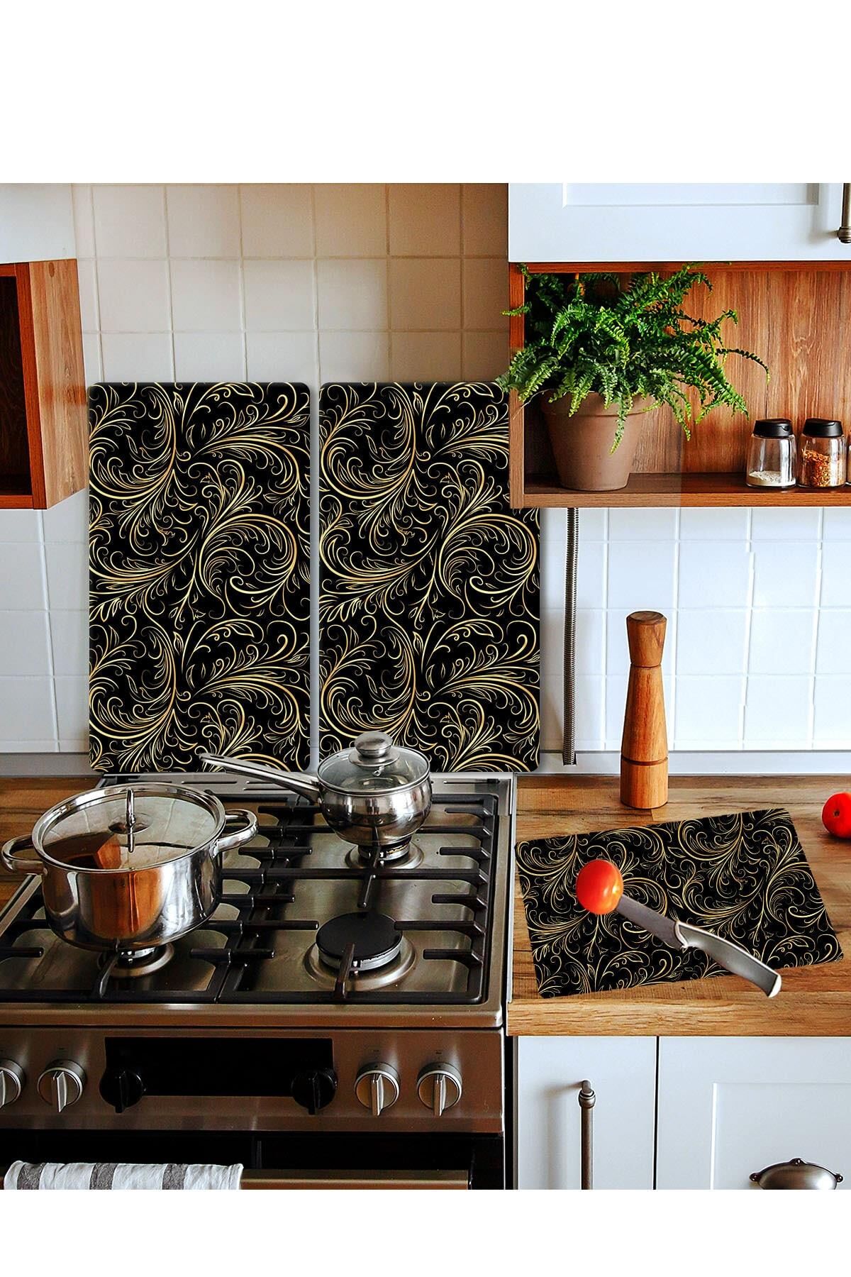 Takım Halinde Buğlem 20x30 Cm Kesme Tablası Ve 2'li 30x52 cm Cam Ocak Koruyucu 4'lü Ocaklar