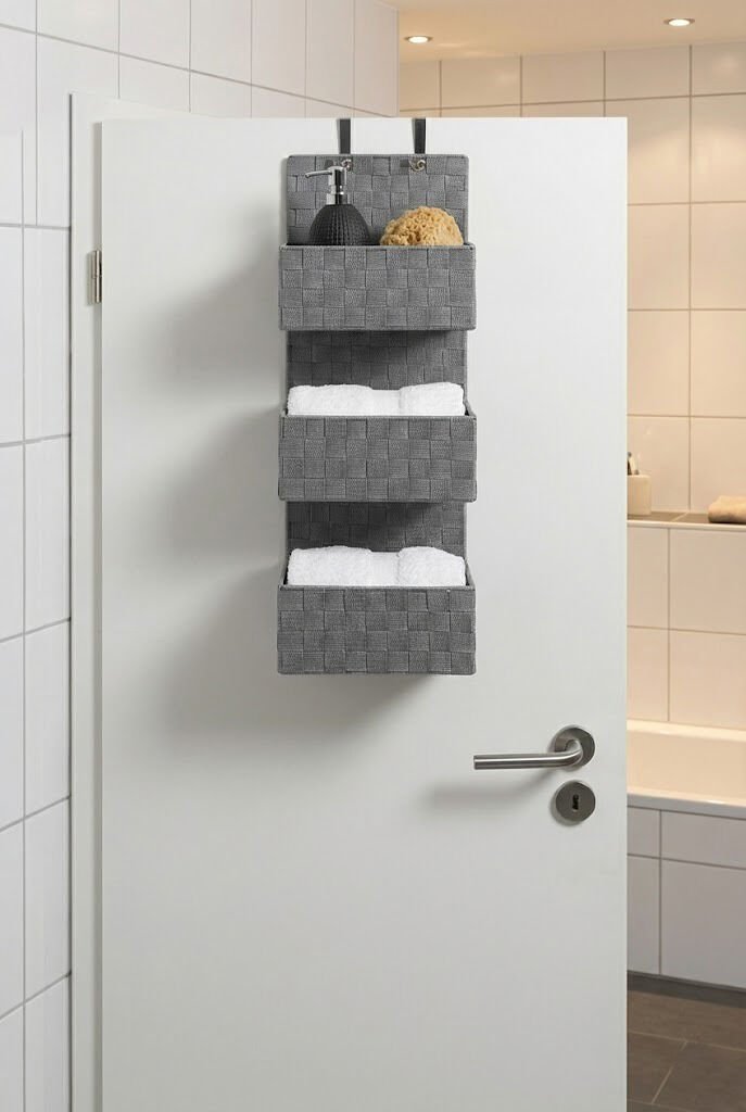 3 Katlı Kapı Arkası Askılı Organizer - Gri Örgü Desenli Çok Amaçlı Banyo ve Ev Düzenleyici Raf