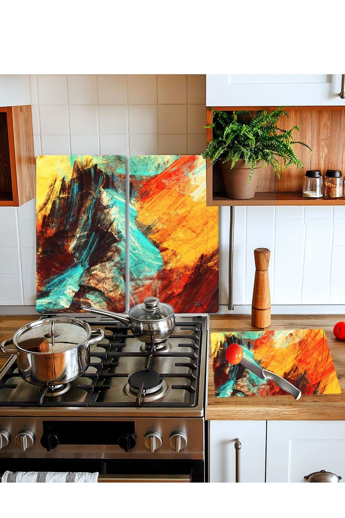 Takım Halinde Boya 20x30 Cm Kesme Tablası Ve 2'li 30x52 cm Cam Ocak Koruyucu 4'lü Ocaklar
