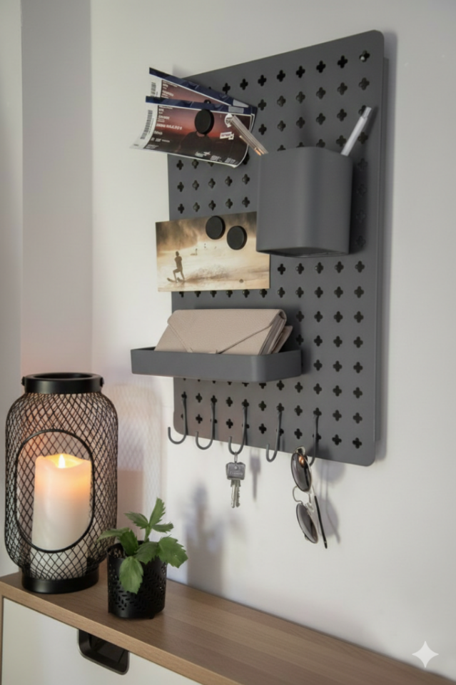 Gri, Duvar Tipi Çok Amaçlı Metal Organizer Pano – Kancalı, Askılı ve Bölmeli Düzenleyici