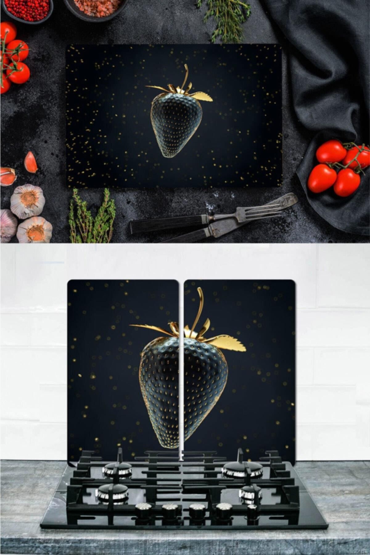 Takım Halinde Altın Çilek 20x30 cm Kesme Tablası ve 40x52cm Cam Ocak Koruyucu 5'li Ocaklar