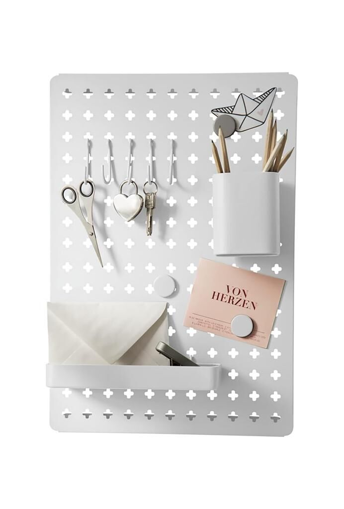 Beyaz, Duvar Tipi Çok Amaçlı Metal Organizer Pano – Kancalı, Askılı ve Bölmeli Düzenleyici
