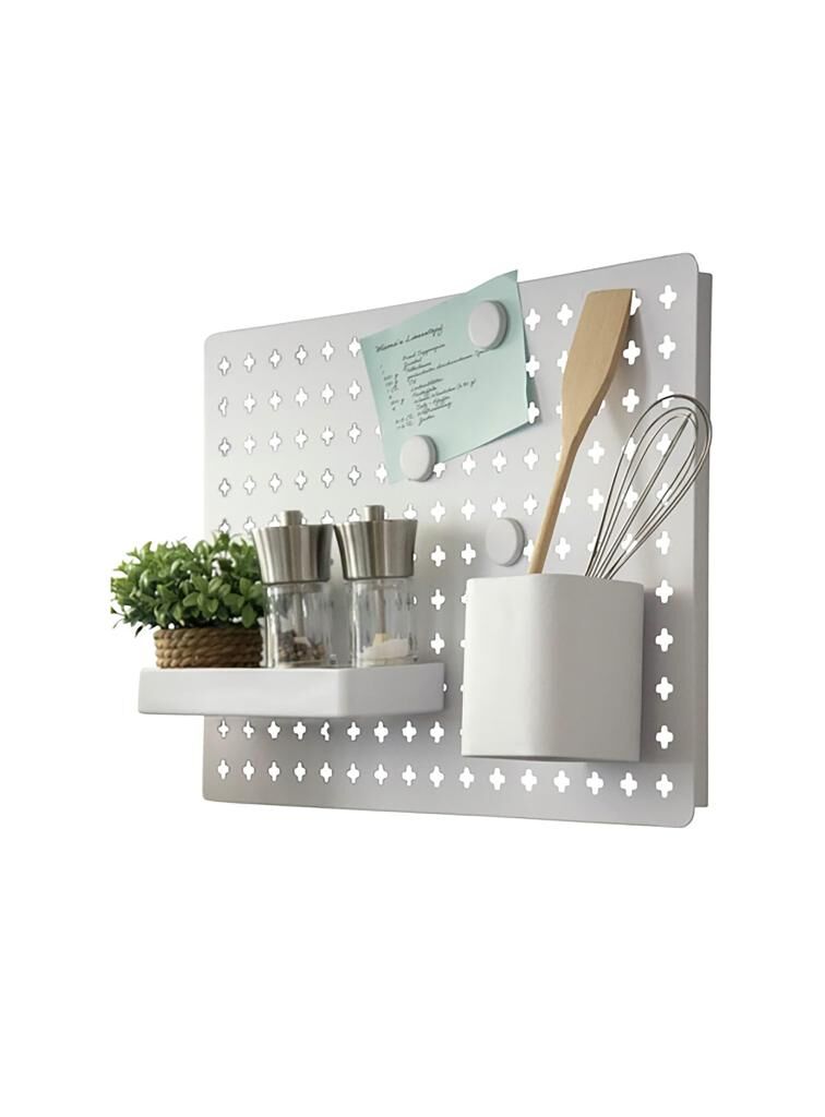 Beyaz, Duvar Tipi Çok Amaçlı Metal Organizer Pano – Kancalı, Askılı ve Bölmeli Düzenleyici