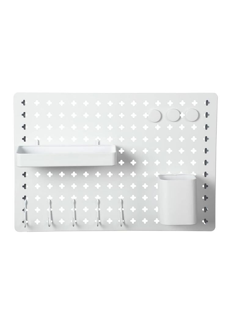 Beyaz, Duvar Tipi Çok Amaçlı Metal Organizer Pano – Kancalı, Askılı ve Bölmeli Düzenleyici