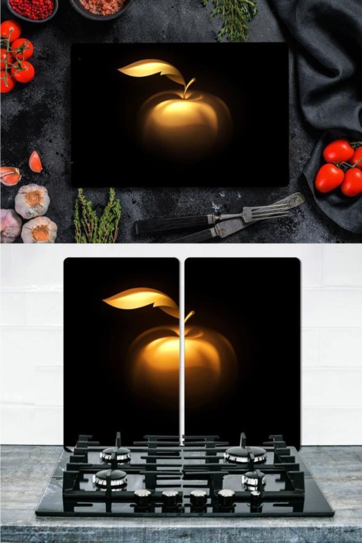 Takım Halinde Altın Elma 20x30 cm Kesme Tablası ve 2'li 30x52 cm Cam Ocak Koruyucu 4'lü Ocaklar