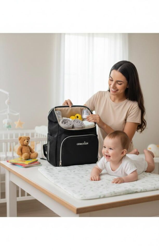 Siyah,Anne Bebek Bakım Çantası – Termal Bölmeli, Geniş Hacimli