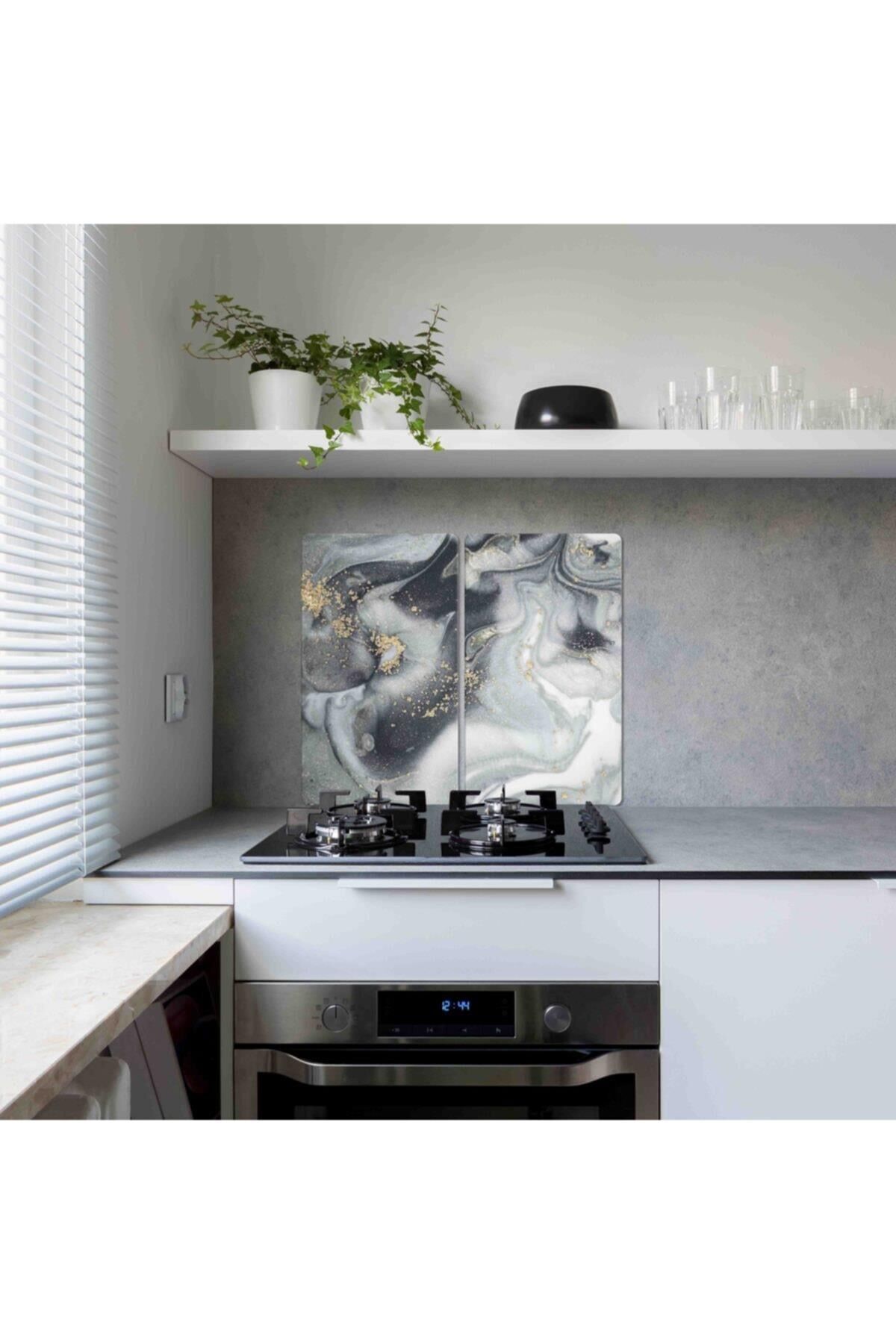 2'li 30x52 cm Cam Ocak Koruyucu 4'lü Ocaklar İçin Gri Altın Mermer