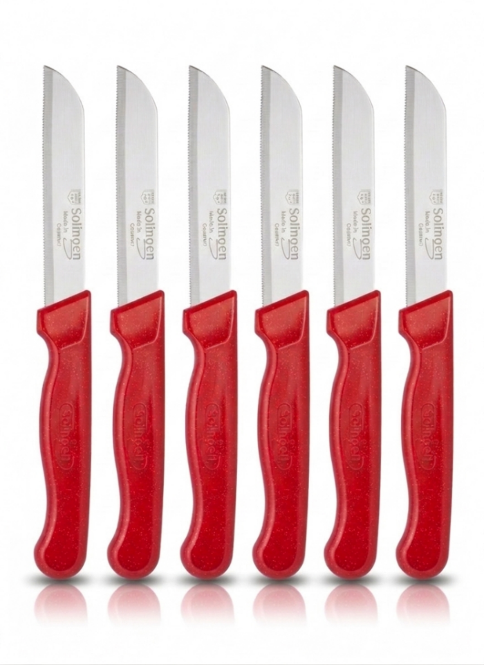 Kırmızı, 6’lı Paslanmaz Çelik Meyve Bıçağı Seti – Tırtıklı Keskin Ağız