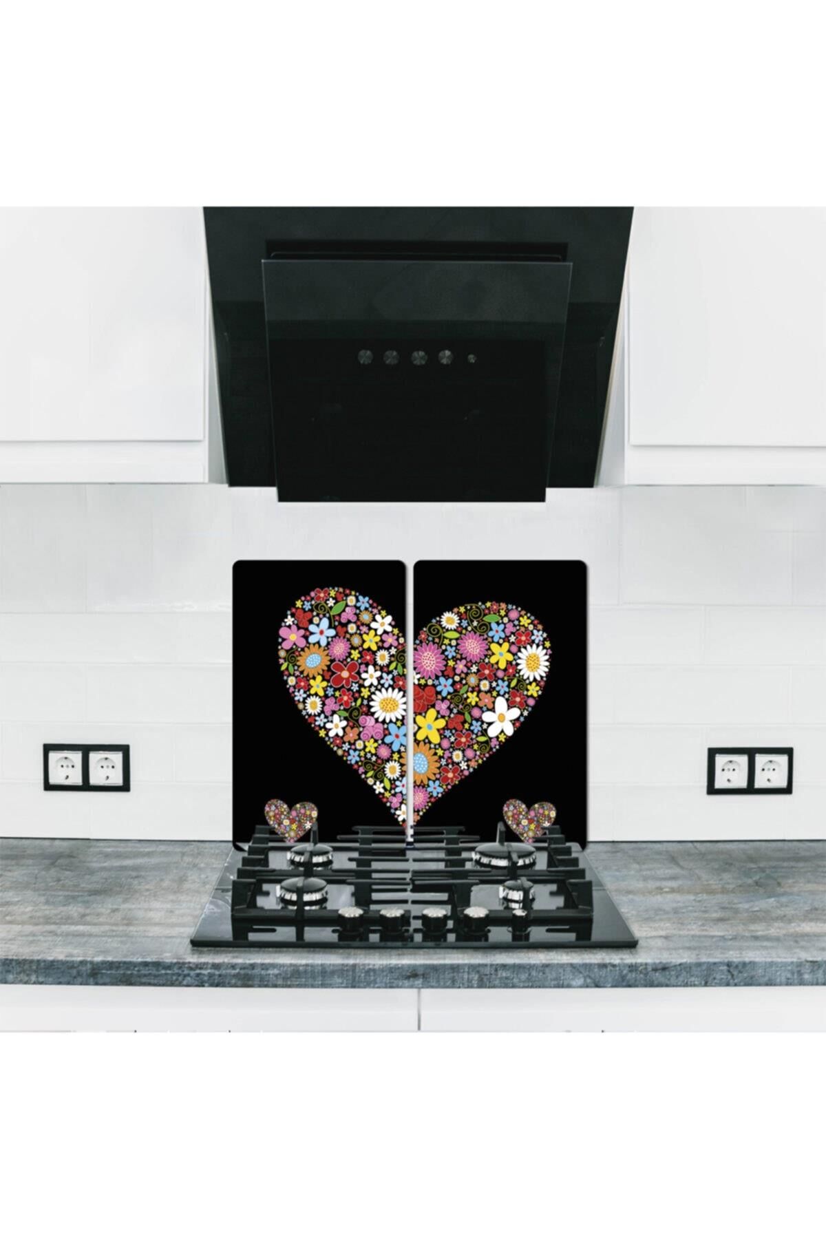 2' li 40x52 cm Cam Ocak Koruyucu  Siyah Kalp Desenli