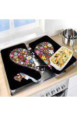 2' li 40x52 cm Cam Ocak Koruyucu  Siyah Kalp Desenli