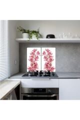 2'li 30x52 cm Cam Ocak Koruyucu 4'lü Ocaklar İçin Pembe Orkide