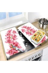 2'li 30x52 cm Cam Ocak Koruyucu 4'lü Ocaklar İçin Pembe Orkide
