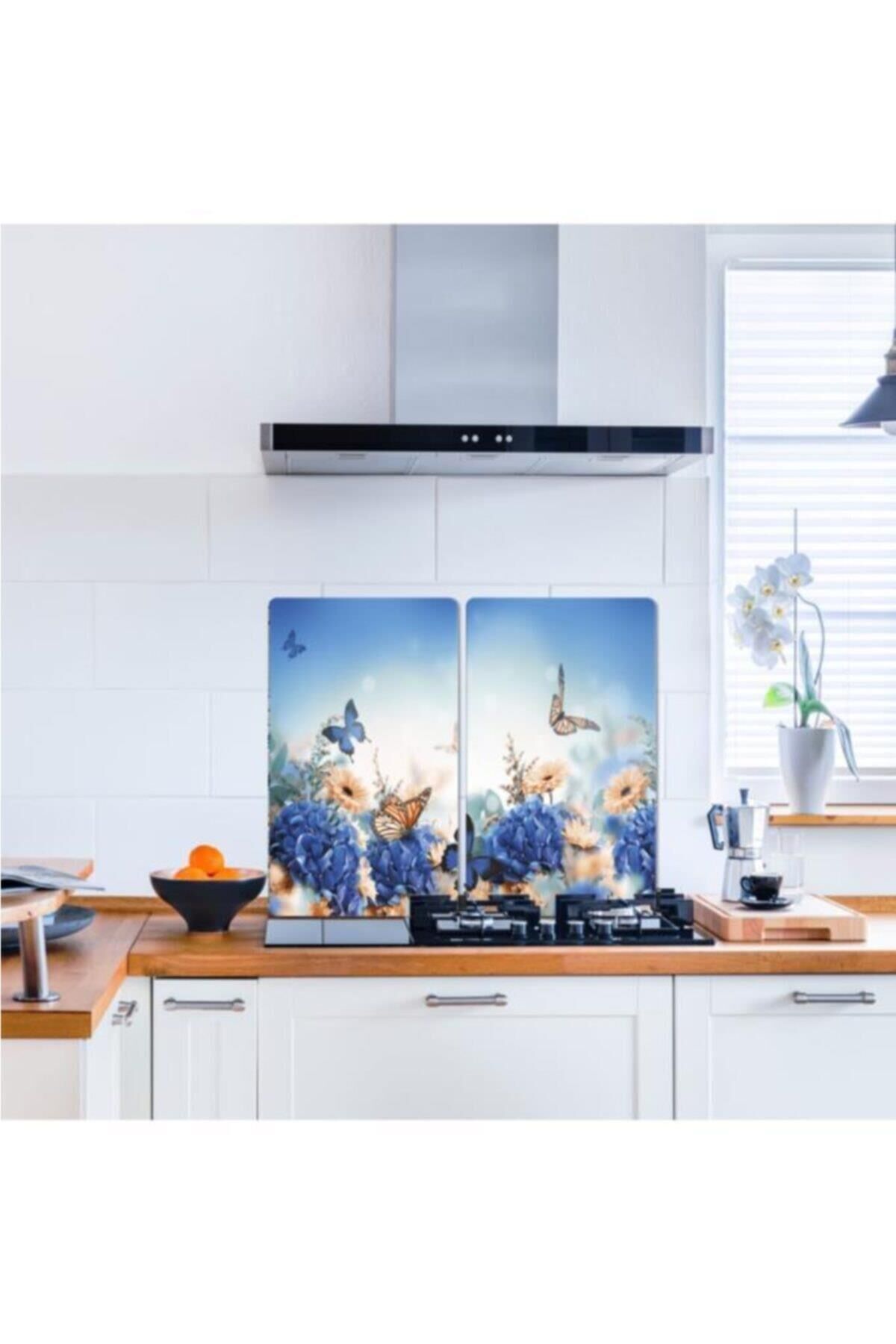 2' li 30x52 cm Cam Ocak Koruyucu Kelebek Desenli