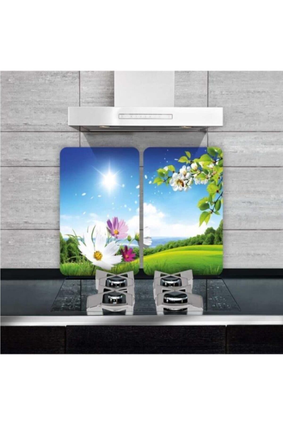 2'li 30x52 cm Cam Ocak Koruyucu 4'lü Ocaklar İçin Zambak