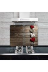 2'li 30x52 cm Cam Ocak Koruyucu 4'lü Ocaklar İçin Beşli Kalpler