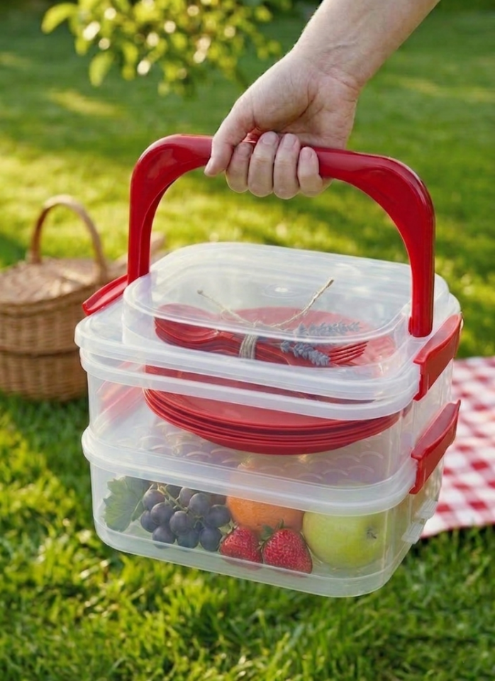 Kırmızı, Katlı Piknik Seti