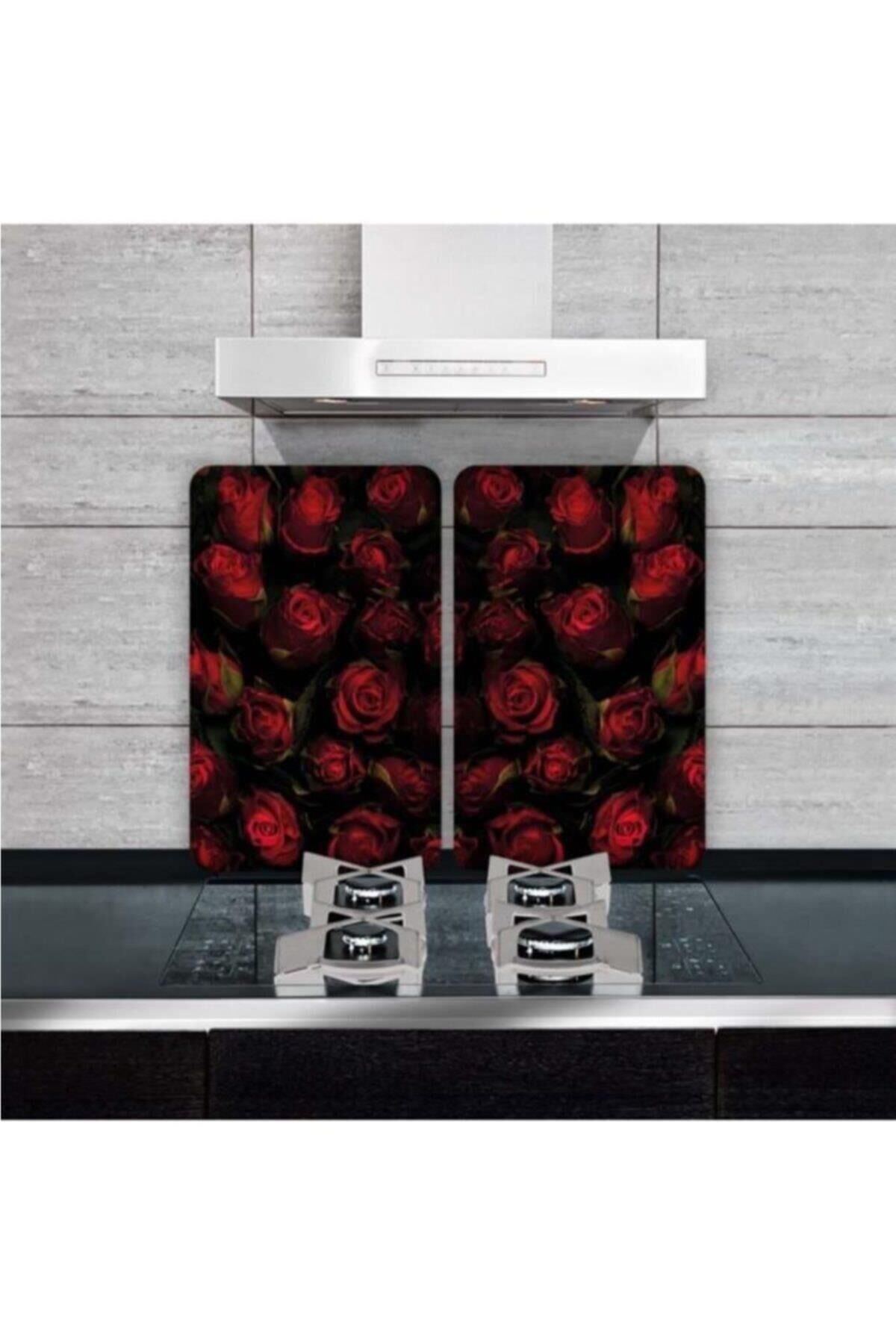 2'li 30x52 cm Cam Ocak Koruyucu 4'lü Ocaklar İçin Kırmızı Güller