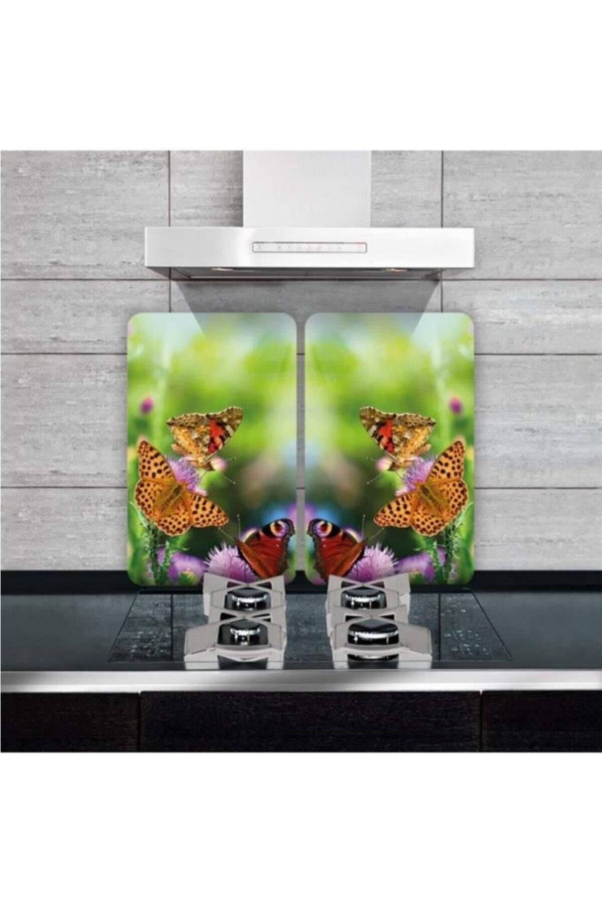 2'li 30x52 cm Cam Ocak Koruyucu 4'lü Ocaklar İçin Renkli Kelebekler