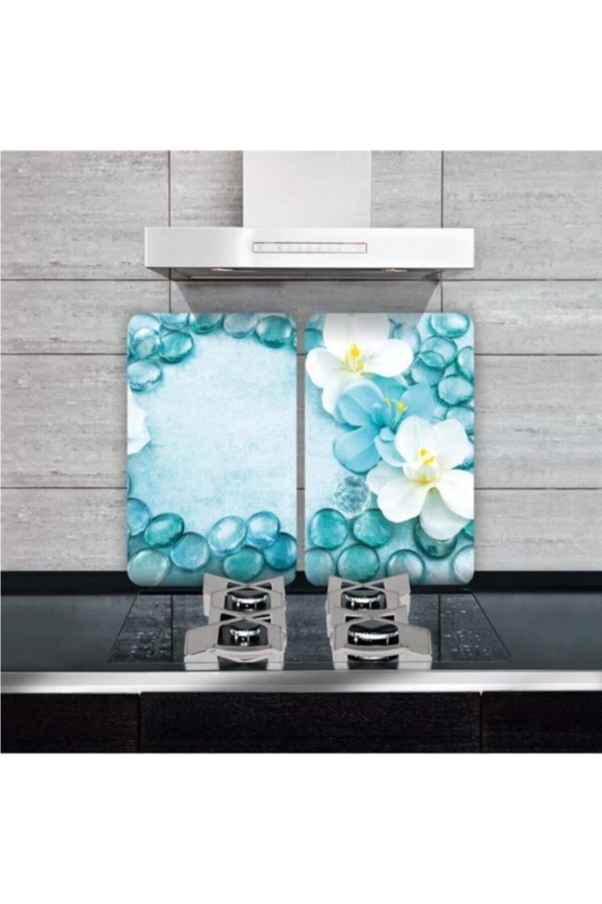 Dekoratif Cam Ocak Koruyucu Ve Kesim Tahtası Mavi Taşlar 60cm X 52cm 2 Parça, 4'lü Ocaklar