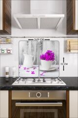 2'li 30x52 cm Cam Ocak Koruyucu 4'lü Ocaklar İçin Mor Çiçek