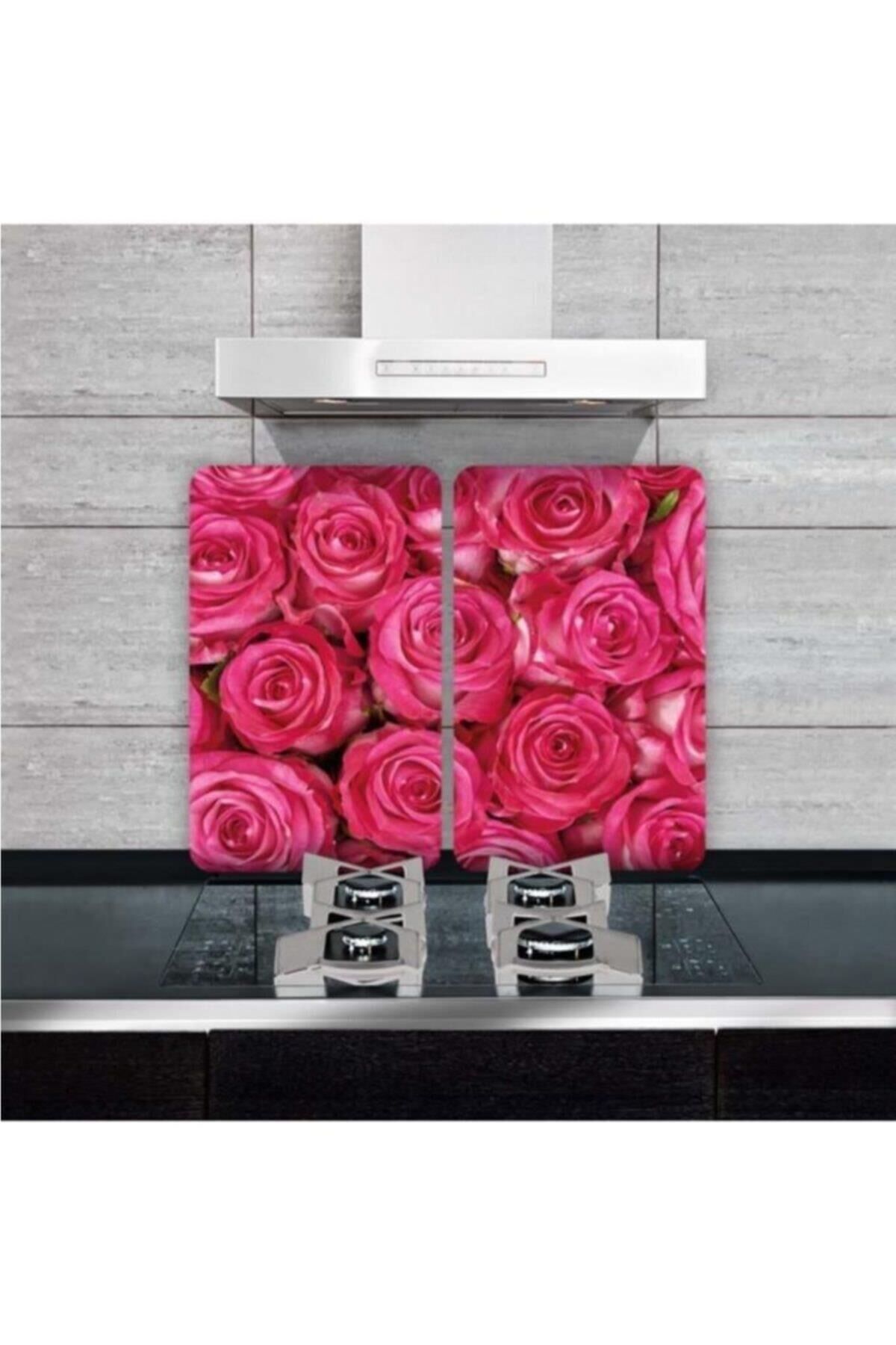 2'li 30x52 cm Cam Ocak Koruyucu 4'lü Ocaklar İçin Koyu Pembe Güller