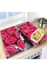 2'li 30x52 cm Cam Ocak Koruyucu 4'lü Ocaklar İçin Koyu Pembe Güller