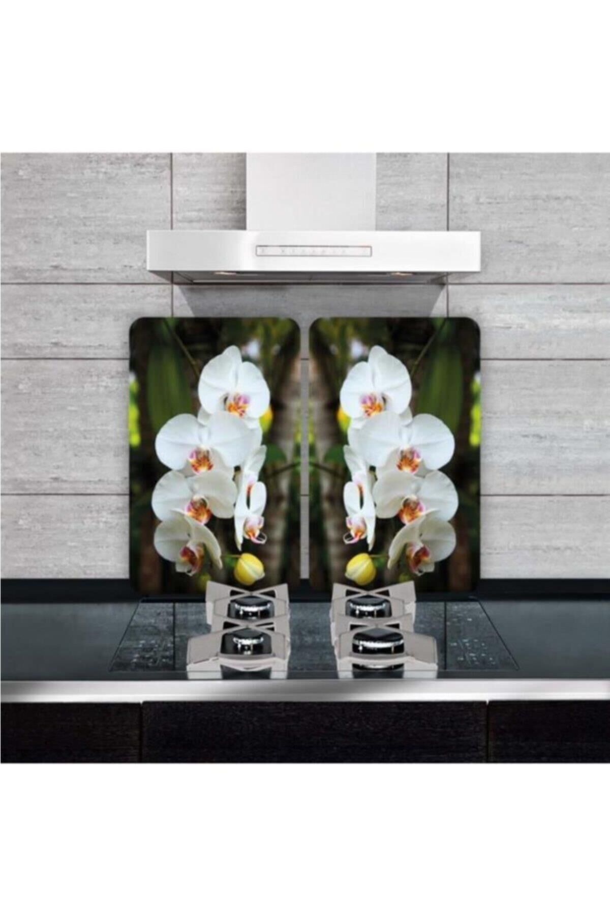 2'li 30x52 cm Cam Ocak Koruyucu 4'lü Ocaklar İçin Renkli Orkide