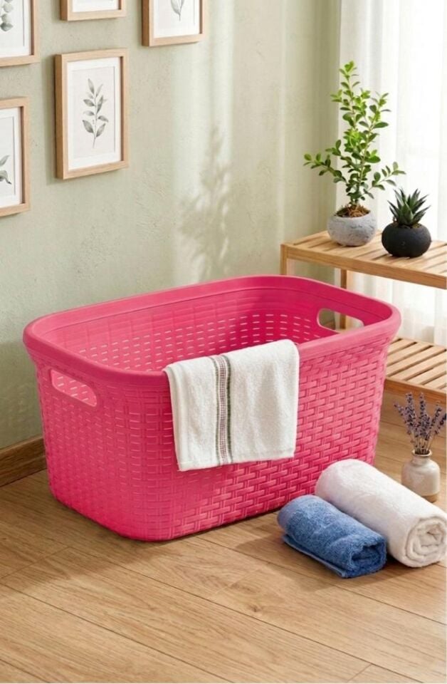 Pembe, Hasır Desenli Plastik Çamaşır Selesi - 25x35x53cm
