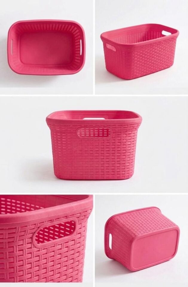 Pembe, Hasır Desenli Plastik Çamaşır Selesi - 25x35x53cm